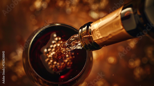 A top-down shot of a wine bottle being opened, capturing the cork mid-air, with the rich amber liquid ready to be poured into an 8K HD glass against a chocolate brown solid color background.