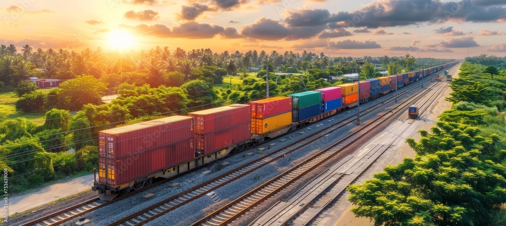 Obraz premium Freight train transporting sea containers along tracks beside lush forest in side view