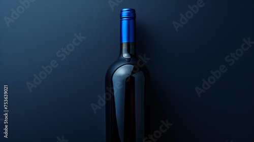 A top-down view of an 8K HD wine bottle with a vibrant blue label, the glass reflecting the ambient light, set against a deep navy solid color background.