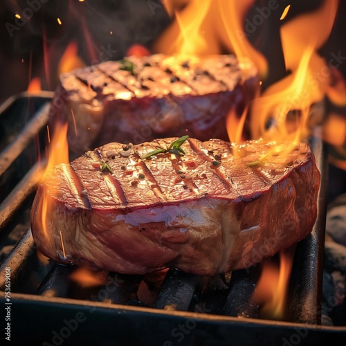 Fiery grilling scene Beef steaks on the grill with dynamic flames For Social Media Post Size photo