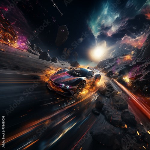 3D Render Illustration EV Super Sport Racing Car With Thunder Storm Lighting Effect Background sky, space