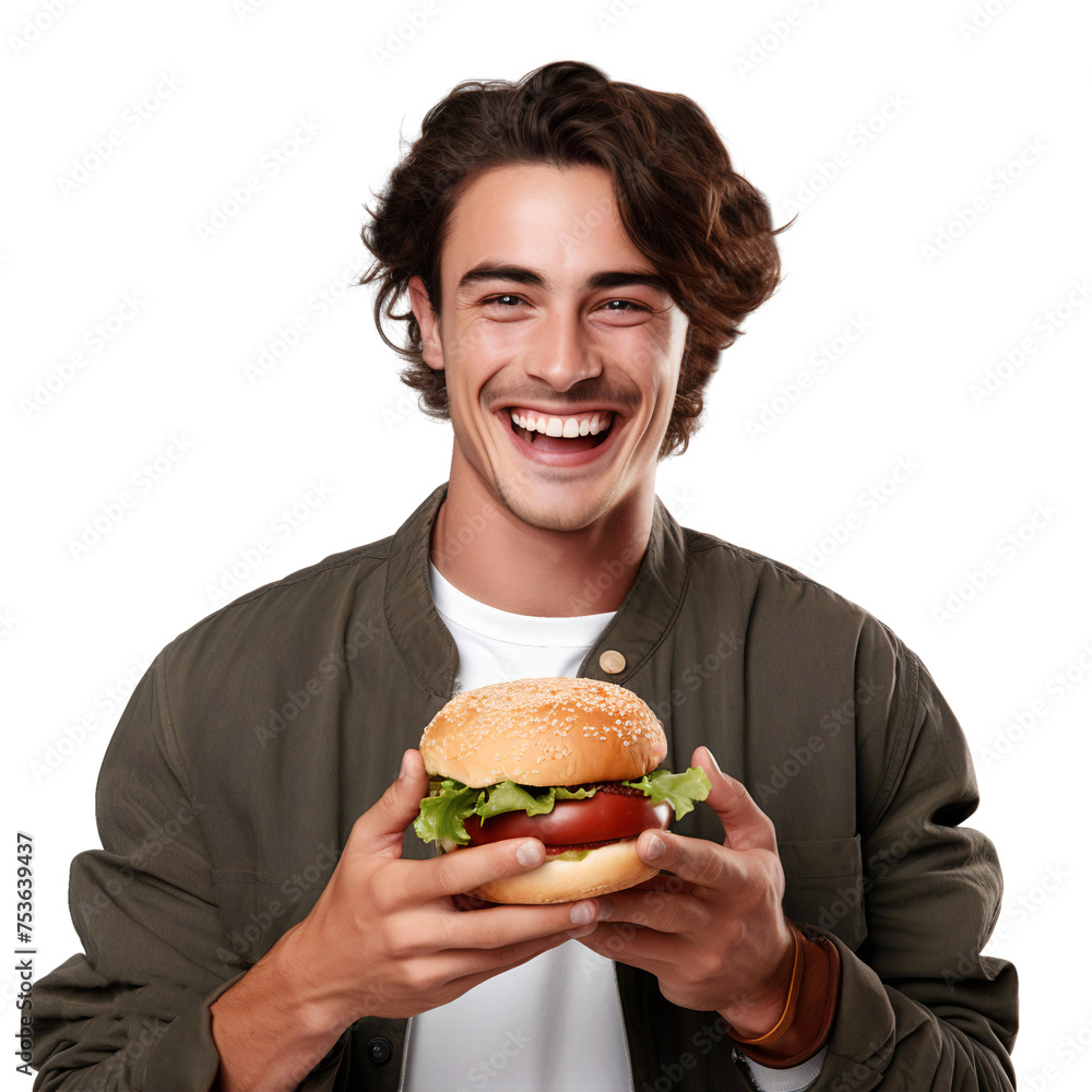 Portrait of happy smiling young man eating hamburger, isolated on transparent background