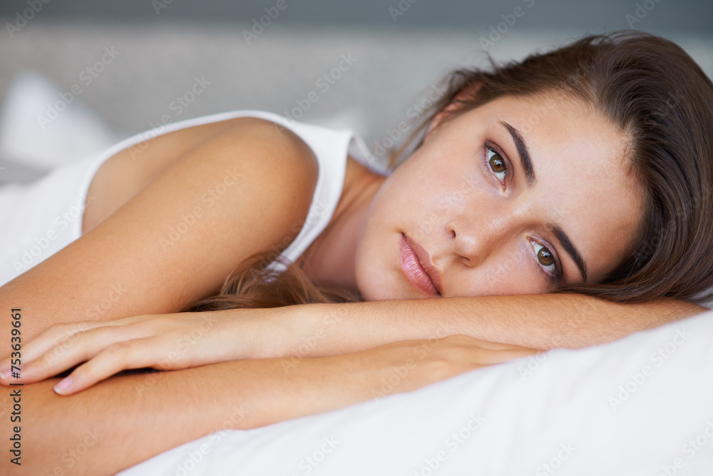 Morning, calm and portrait of woman in bed with wellness, confidence and cozy in apartment. Face, home and girl in bedroom with peace, relax and wake up for healthy sleep, comfort and natural rest. - obrazy, fototapety, plakaty 