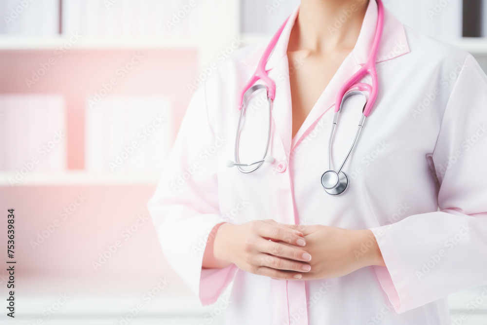 A woman in a white lab coat with a pink stethoscope. She is standing in front of a shelf with books A woman in a white lab coat with a pink stethoscope. She is standing in front of a shelf with books