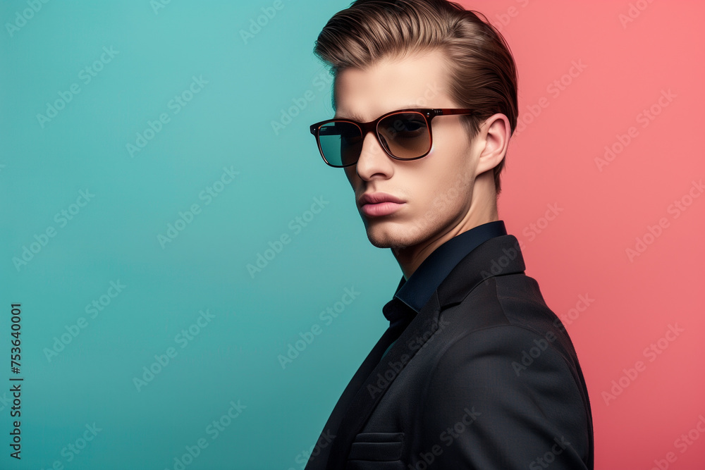 Young handsome man over colorful background. Studio shot of trendy male model with copy space