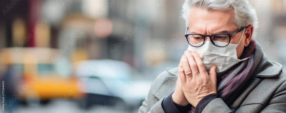 A man wearing a mask and scarf is standing on a street. He is looking at the camera with a concerned expression A man wearing a mask and scarf is standing on a street. He is looking at the camera with a concerned expression