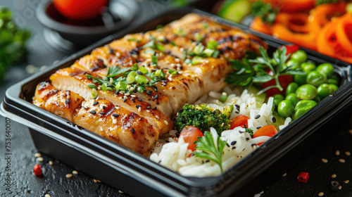 Take away or canteen self service food in trays, including grilled salmon fish, salad, rice, greens, dark background.