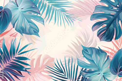 Pastel color tropical leaves background. Hello summer concept. Flat lay, copy space for text