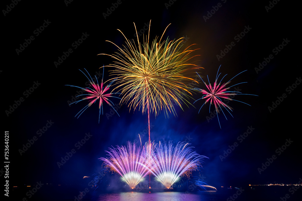 colourful firework display set for celebration happy new year and merry christmas and fireworks on black background colourful firework display set for celebration happy new year and merry christmas and fireworks on black background
