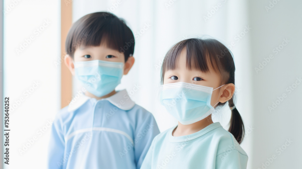 Two children wearing masks are standing next to each other. Scene is serious and cautious, as the children are taking precautions to protect themselves from germs Two children wearing masks are standing next to each other. Scene is serious and cautious, as the children are taking precautions to protect themselves from germs