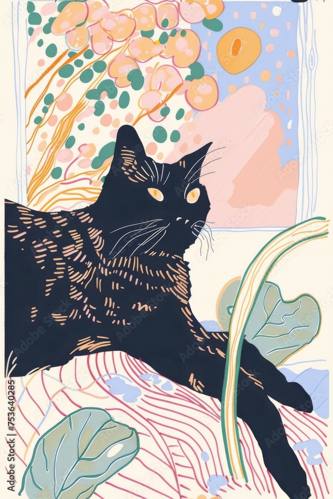 Artistic and modern illustration of a black cat with playful abstract elements, perfect for chic home decor and pet lovers.