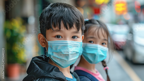 Two children wearing blue masks are standing on a street. The boy is wearing a black jacket and the girl is wearing a pink shirt