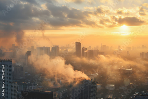 The city is covered in a thick fog, and the sun is setting in the distance. The sky is a mix of orange and pink hues, creating a serene and peaceful atmosphere