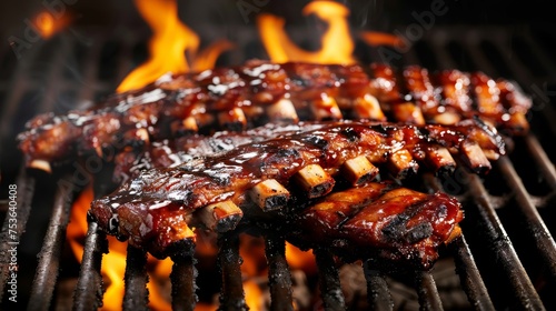 Succulent american bbq ribs sizzling on grill over natural charcoal fire with smoky juicy meat