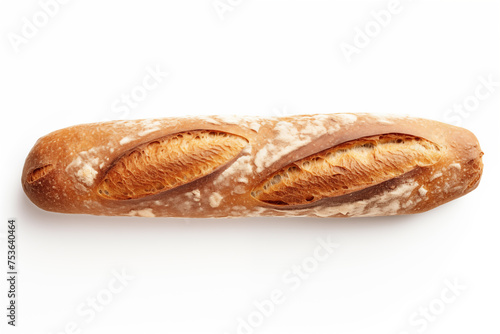 Long loaf isolated on white background, baguette close-up, beautiful and fresh bread for advertising