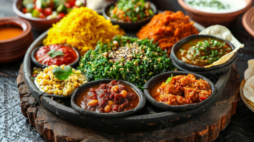 piatto tradizionale etiope, come l'injera, con vari contorni e salse, che rappresenta la ricchezza culinaria di questa regione. photo