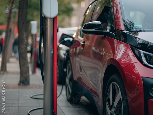 Close-up view of a red electric car being charged at a street charging point, showcasing sustainable transportation.