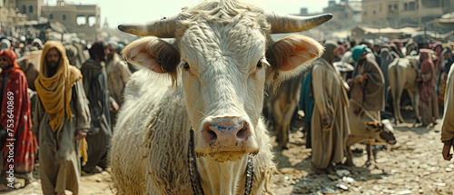 a cow standing in a crowded area with people