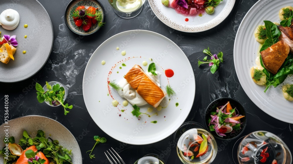 An exquisite display of fine dining dishes, featuring a perfectly cooked salmon fillet, artfully arranged with garnishes and sauces. An exquisite display of fine dining dishes, featuring a perfectly cooked salmon fillet, artfully arranged with garnishes and sauces.
