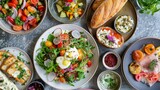 An inviting spread of gourmet brunch dishes featuring fresh salads, toast, cured meats, and vibrant vegetables on a textured table.