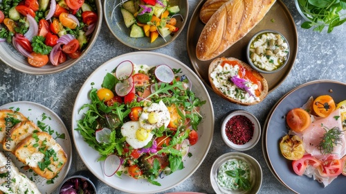 An inviting spread of gourmet brunch dishes featuring fresh salads, toast, cured meats, and vibrant vegetables on a textured table.