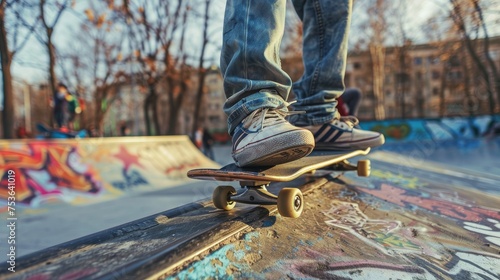 Close-up of a skateboarder's feet on a board, poised to take off in a graffiti-adorned urban skate park.