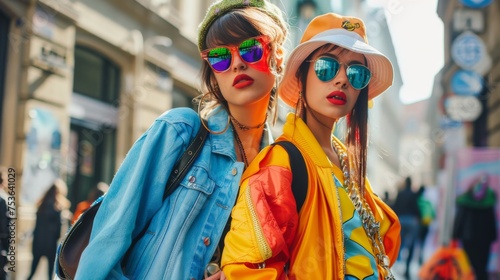 Two fashion-forward women showcasing bold streetwear with colorful jackets and reflective sunglasses in the city.