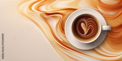 Abstract 3D coffee background, a cup of coffee against a background of soft waves and lines in brown tones, latte art, top view