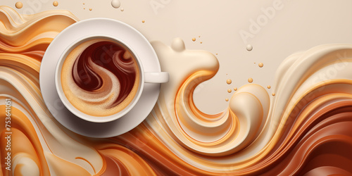 Abstract 3D coffee background, a cup of coffee against a background of soft waves and lines in brown tones, latte art, top view