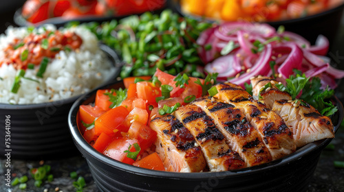 Take away or canteen self service food in trays, including grilled salmon fish, salad, rice, greens, dark background.