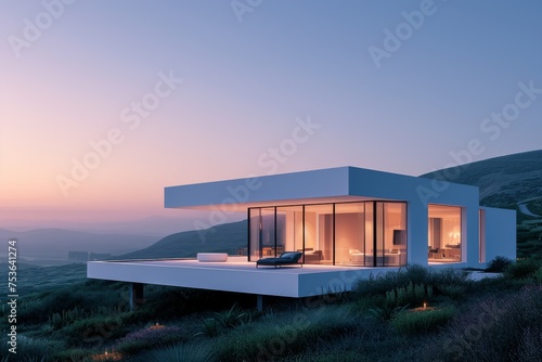 A modern white house against a panoramic vista of rolling hills and open sky