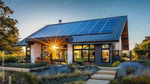 modern eco friendly house with a solar system. Solar panels on the on the roof. 