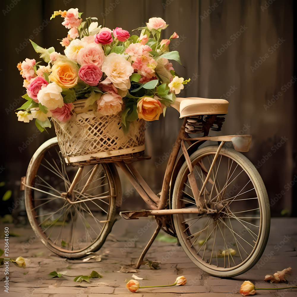 A vintage bicycle with a basket of flowers.