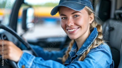 Happy female truck driver driving a large truck against blurred city background with space for text