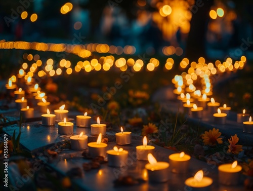 Many lit candles placed on the ground among fallen leaves and flowers for an evening memorial or vigil ceremony.