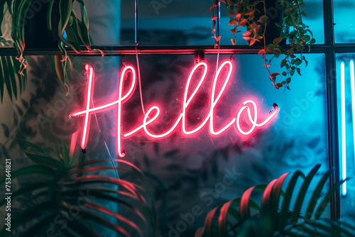 A neon sign that says Hello in red letters. The sign is hanging from the ceiling and is lit up. The image has a moody and mysterious feel to it