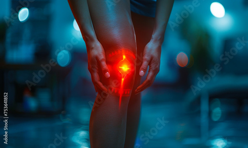 Focused depiction of an athlete experiencing knee pain highlighted with red, indicating joint inflammation or injury during physical activity photo