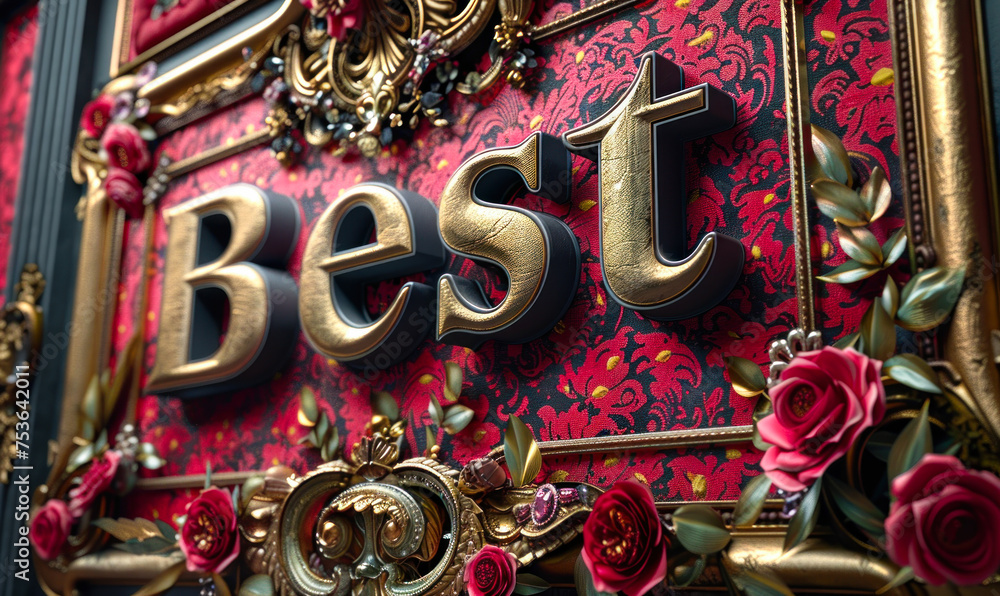 Lavishly ornate golden Best inscription on a rich red textured background with elaborate floral patterns, signifying top quality and luxury - obrazy, fototapety, plakaty 