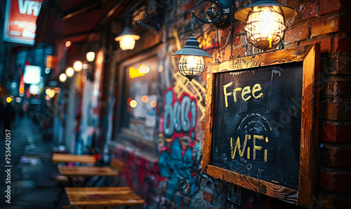 Chalkboard sign hanging on a graffiti-covered brick wall in a night setting, announcing Free WiFi available, blending urban culture with connectivity