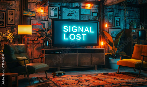 A cozy modern living room with a large TV screen displaying a SIGNAL LOST message, depicting technology failure and interruption in home entertainment