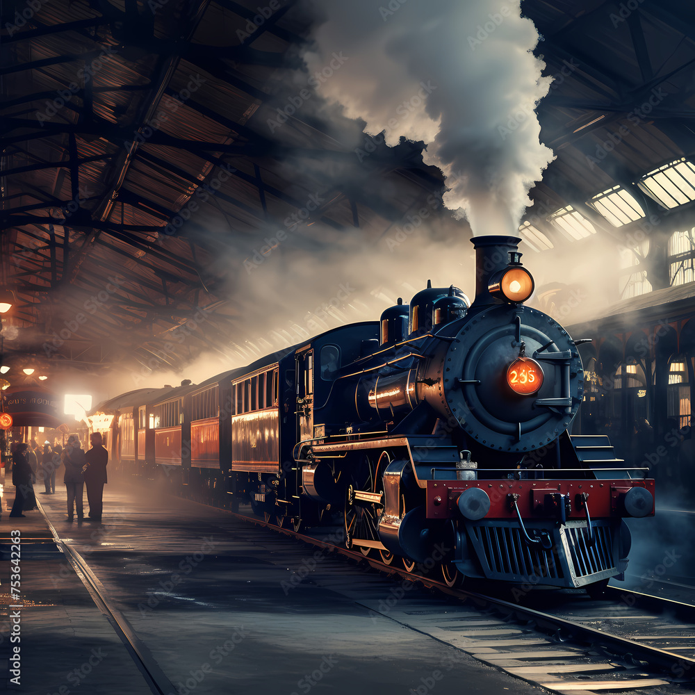 A vintage train station with steam locomotives.