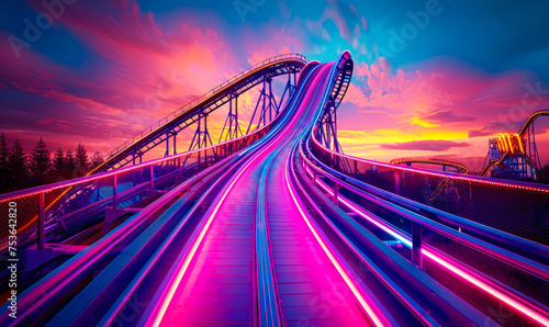 Dynamic roller coaster tracks glowing with neon lights under a vibrant sunset sky, symbolizing excitement, speed, and thrilling amusement park adventures photo