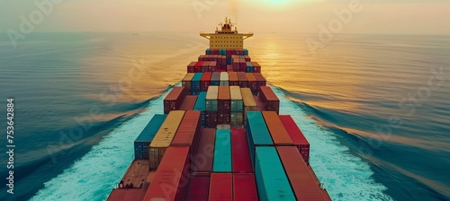 Aerial view of container cargo ship in canal with space for text, industrial shipping concept