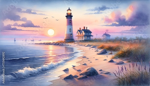 Watercolor of a lighthouse during sunset on the east coast shore