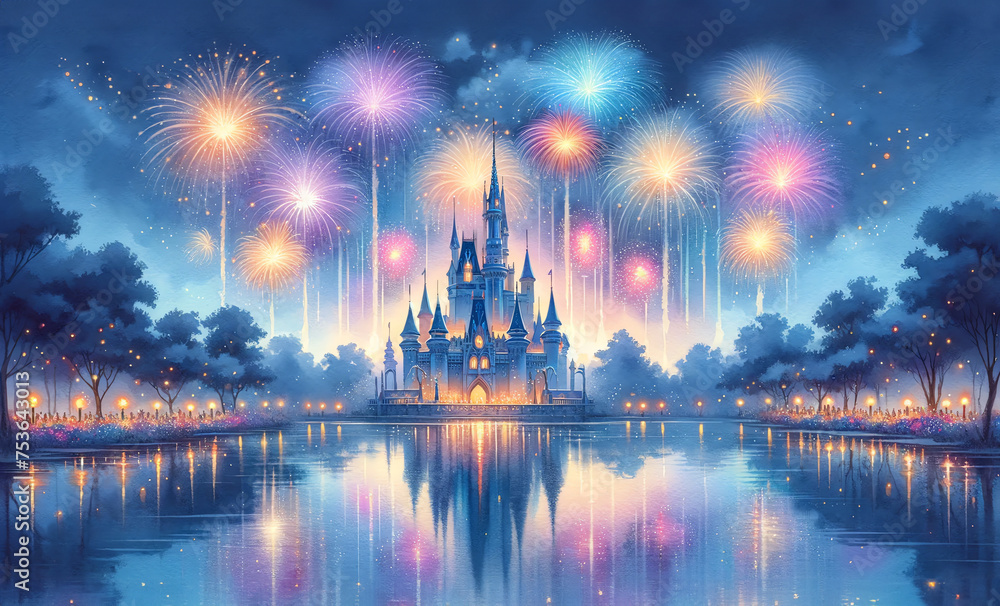 Watercolor of fireworks over a castle