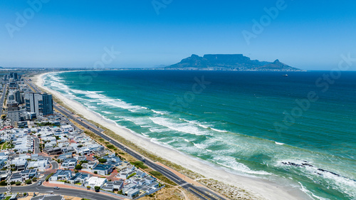 Aerial of Bloubergstrand Beach with Table Mountain in the background, Table Bay, Cape Town photo