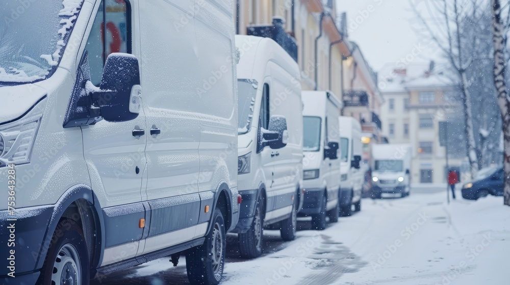Row of white delivery vans on snowy day, transport service concept with copy space