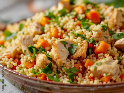 Close-up of a healthy couscous salad with chicken, vegetables, and fresh herbs.
