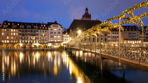 Rathaussteg Bridge in the evening, Lucerne, Switzerland photo