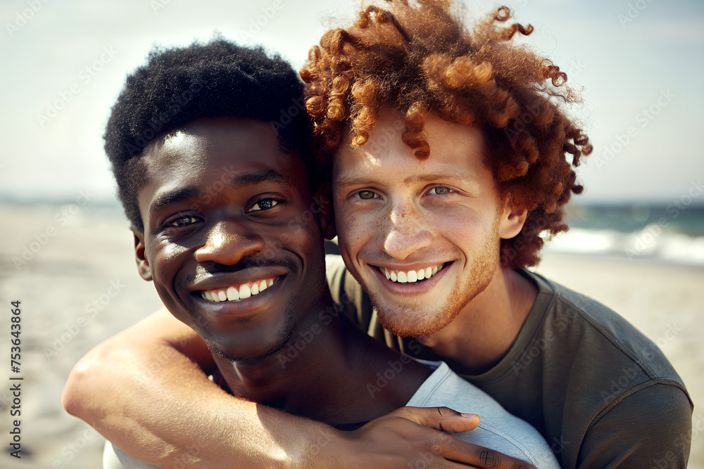 Pareja de novios interracial en una playa. Pareja de hombres gay sobre fondo de playa. Día del orgullo gay. Colectivo LGTBI. Pareja de novios interracial en una playa. Pareja de hombres gay sobre fondo de playa. Día del orgullo gay. Colectivo LGTBI.